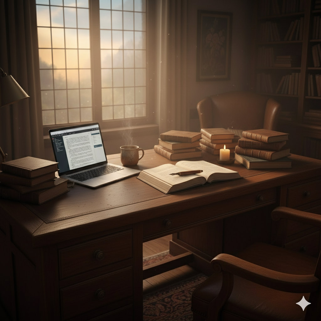 Warm author’s den with a handcrafted wooden desk, open book, steaming mug, stacked books, and a laptop by a sunlit antique window — representing Pyle of Goodness Press.