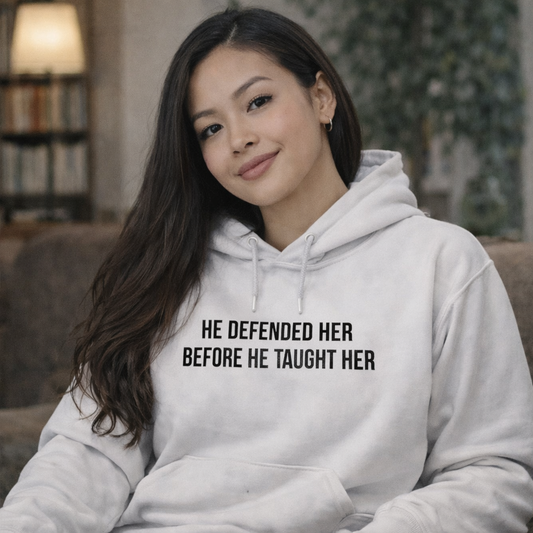 He Defended Her Before He Taught Her — Comfort Colors Hoodie